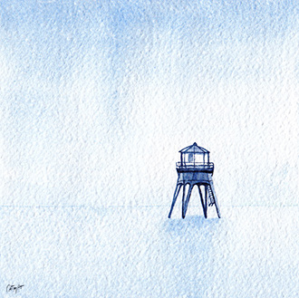 Peinture monochrome, bleu, mer, horizon lointain, brume, poste d'observation, abri marin, abri maritime sur piloti